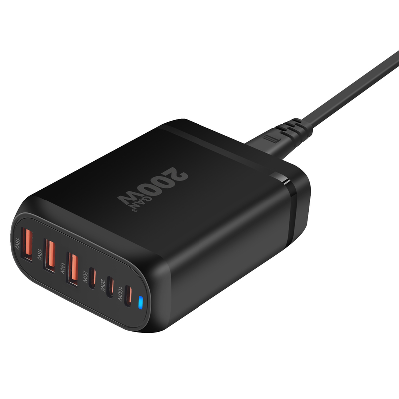 Professional Factory 200W 6 in 1 Smart Desktop Laptop Universal Type C Pd Fast Charging Station Gan Power Chargers Adapters