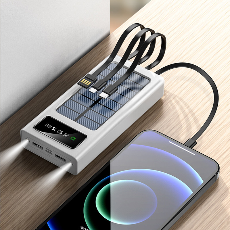 High Quality Power Bank 30000mAh Solar Power Bank LED Fill Light 2A Super Fast Charging with 4 Cable Portable Powerbank