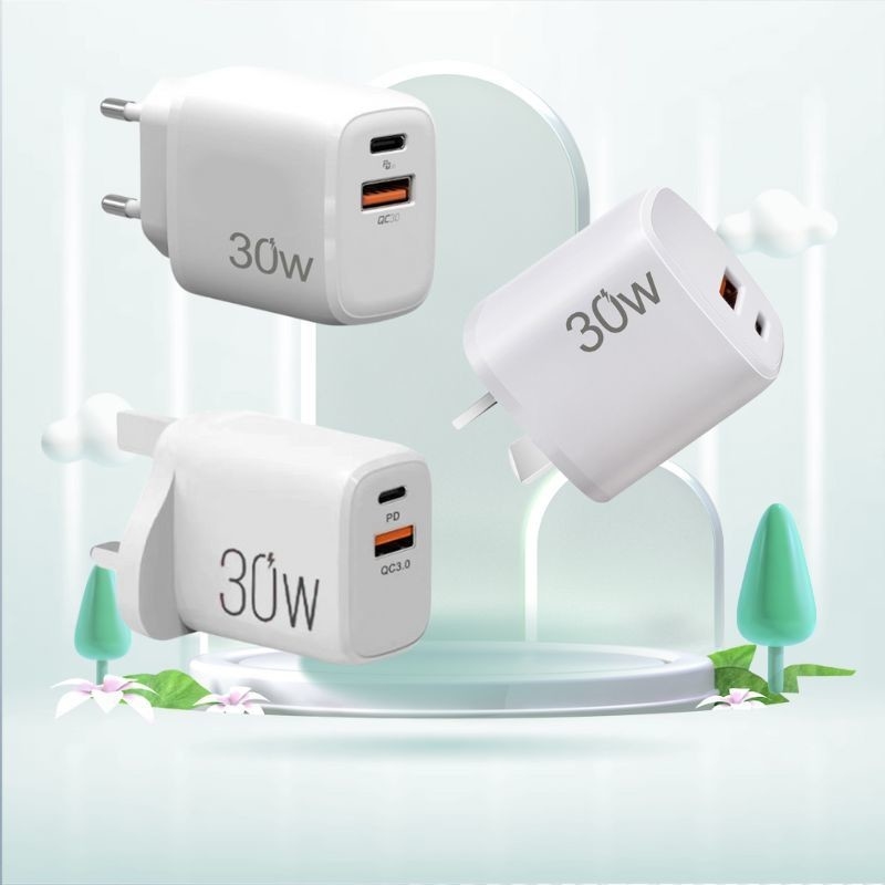 30W Durable Dual Port QC PD 3.0 Power Adapter Double Fast Plug USB C Wall Charger Usb Charging Block for I Phone