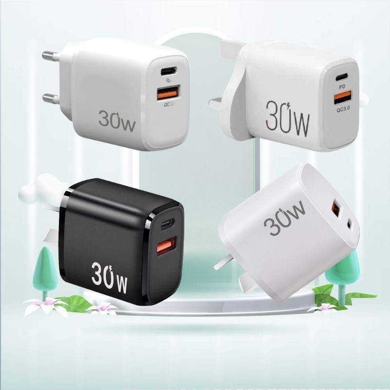 30W Durable Dual Port QC PD 3.0 Power Adapter Double Fast Plug USB C Wall Charger Usb Charging Block for I Phone
