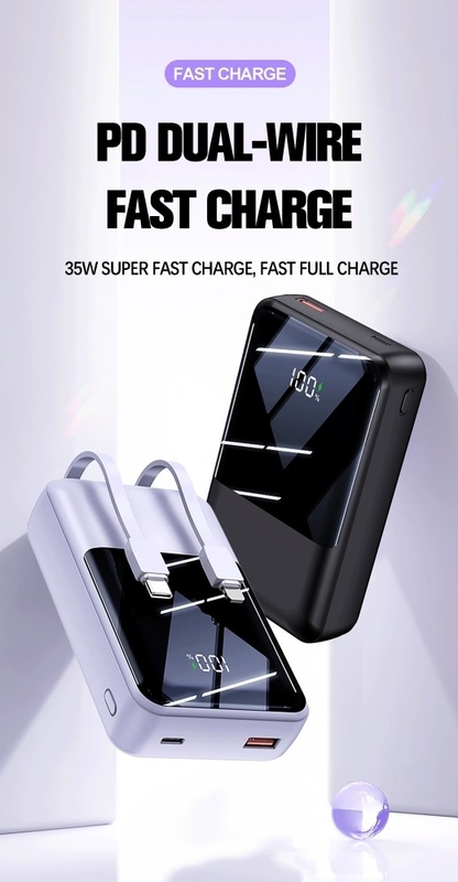 2024 Hot Sale Portable Power Bank 20000mAh 35W Super Fast Charging Power Banks With LED Display Built in Double-Cable Power Bank